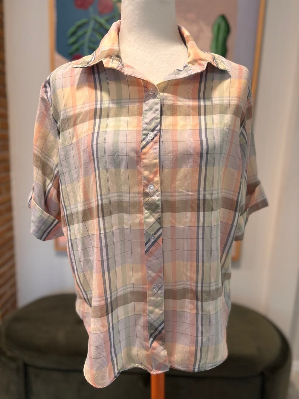 Vintage Haband for Her Pastel Plaid Button Front Blouse Made in USA